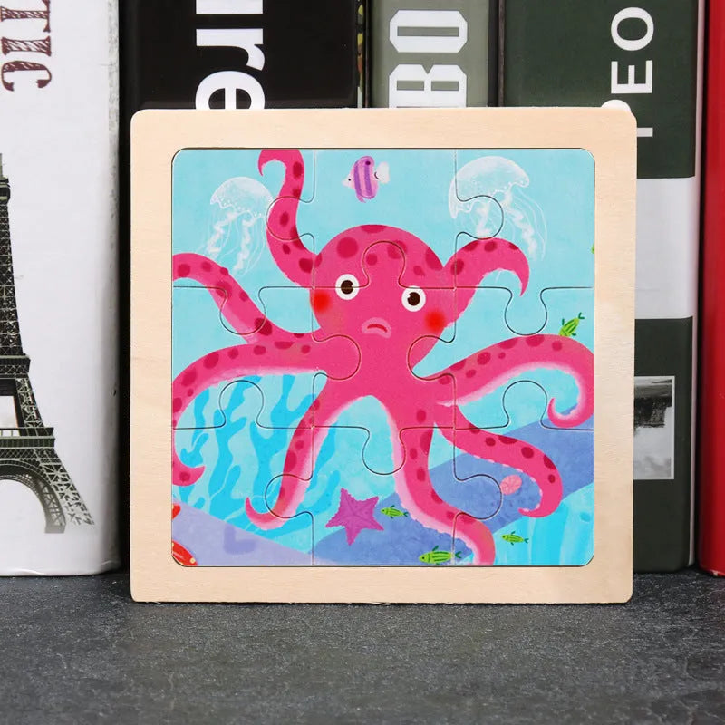 Children's wooden flat puzzle 11 x 11 x 0.4cm in Jellyfish, Excavator, Brachiosaurus, Bear, and Pterosaur designs