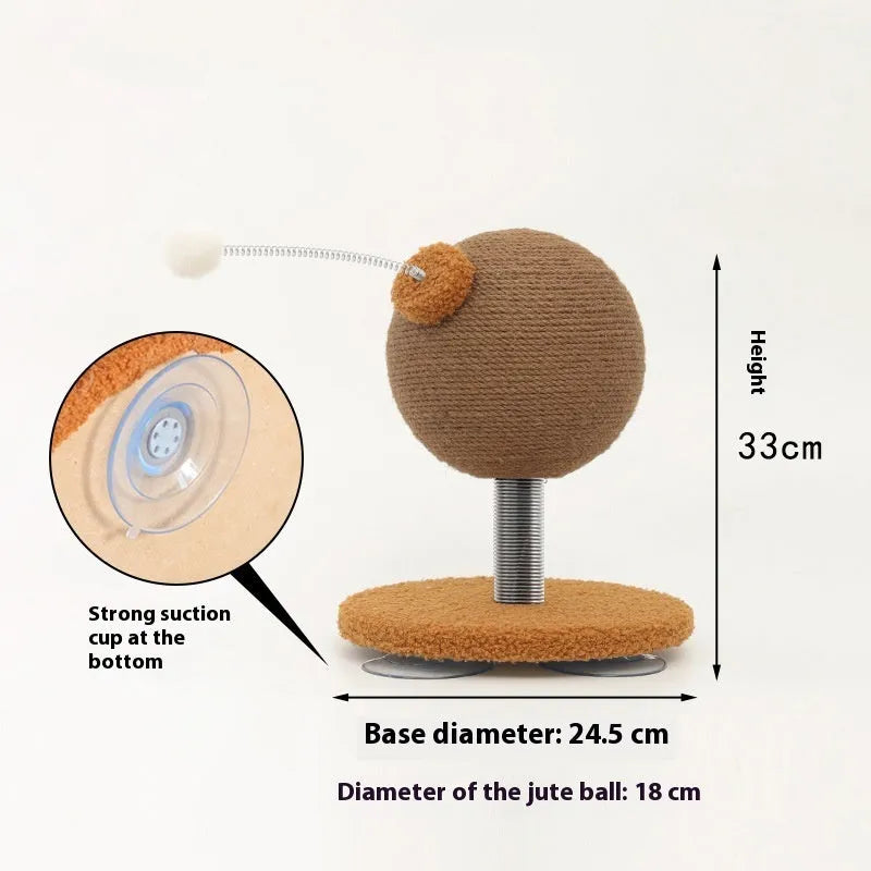 Cat scratching post with interactive tumbler toy made from natural hemp rope in large and small size options