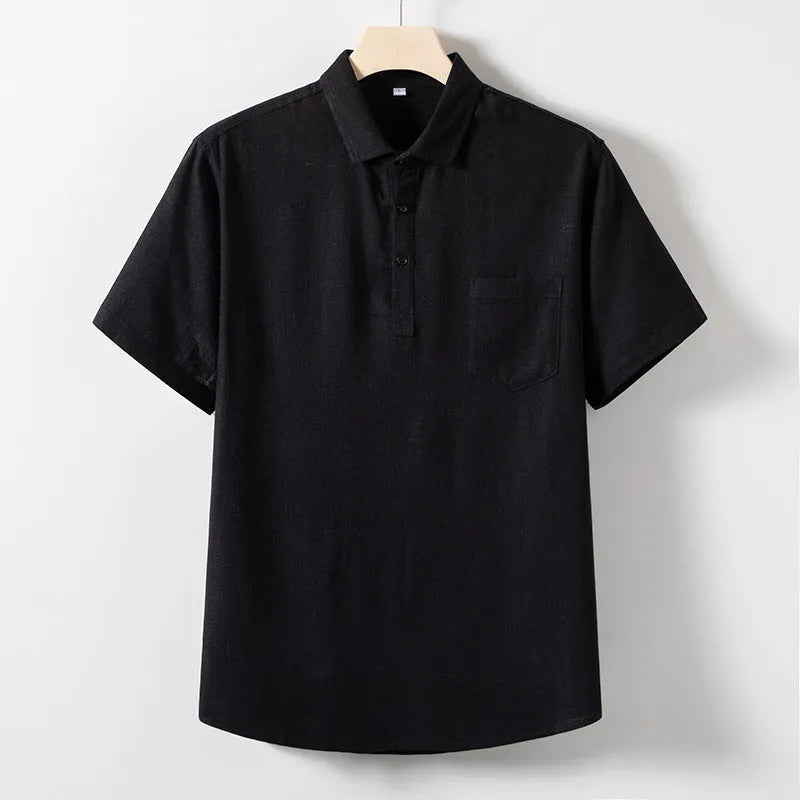 A man's loose lapel short sleeve T-shirt in a hemp blend fabric, shown in a solid colour.