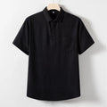A man's loose lapel short sleeve T-shirt in a hemp blend fabric, shown in a solid colour.