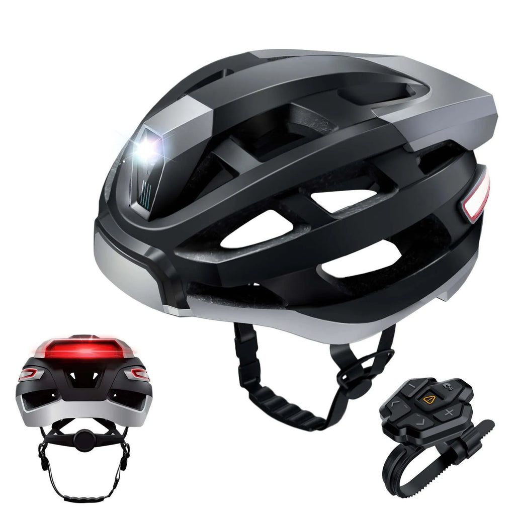 Black and grey smart riding helmet with integrated warning light on the rear, showing USB charging port.