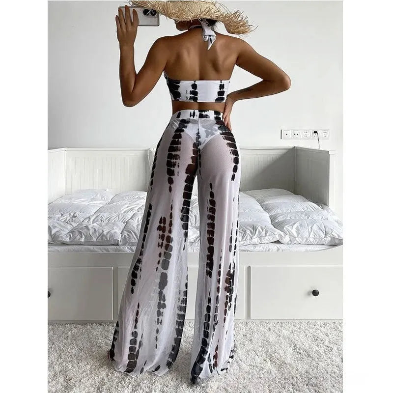 Women's three-piece swimsuit set with mesh trousers in black printing European style