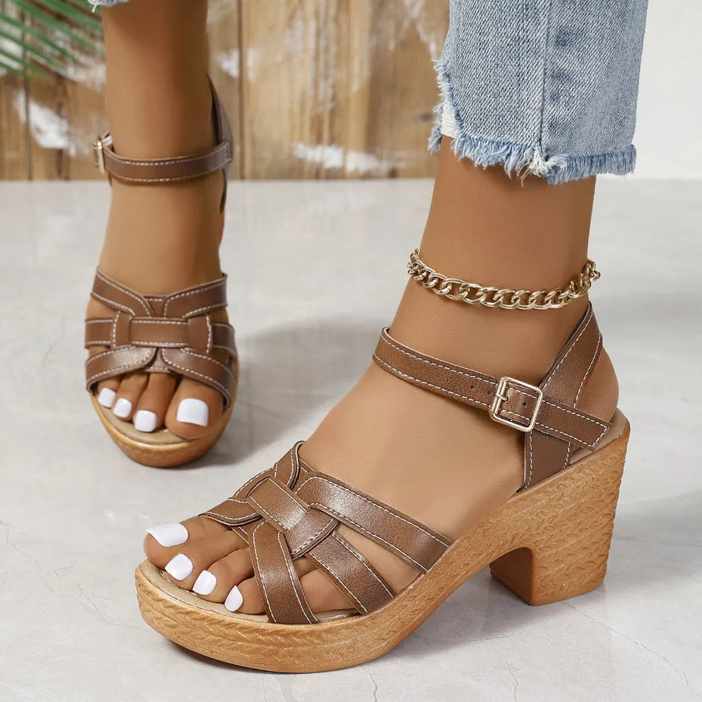 Plus size Roman women's black peep toe sandals with a chunky heel and silver buckle ankle strap.