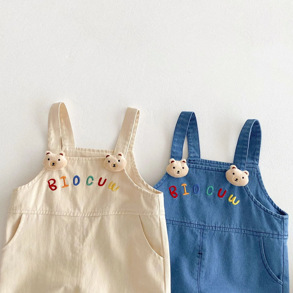 Children's cotton suspender jeans overalls in almond beige for girls, mid-waist style