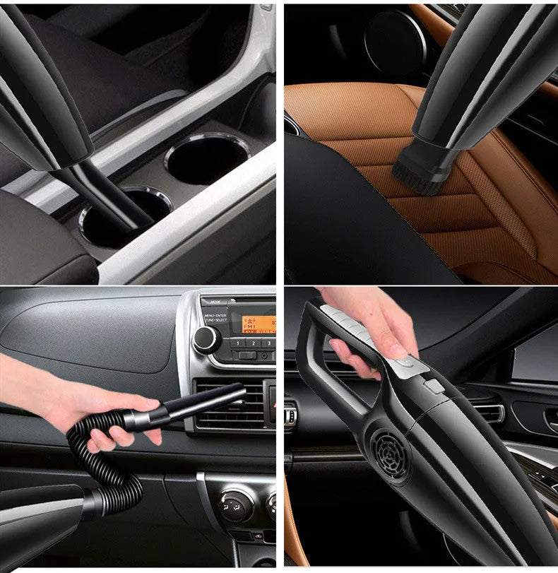 Black and orange car vacuum cleaner with cigarette lighter plug, showing compact 36cm size.