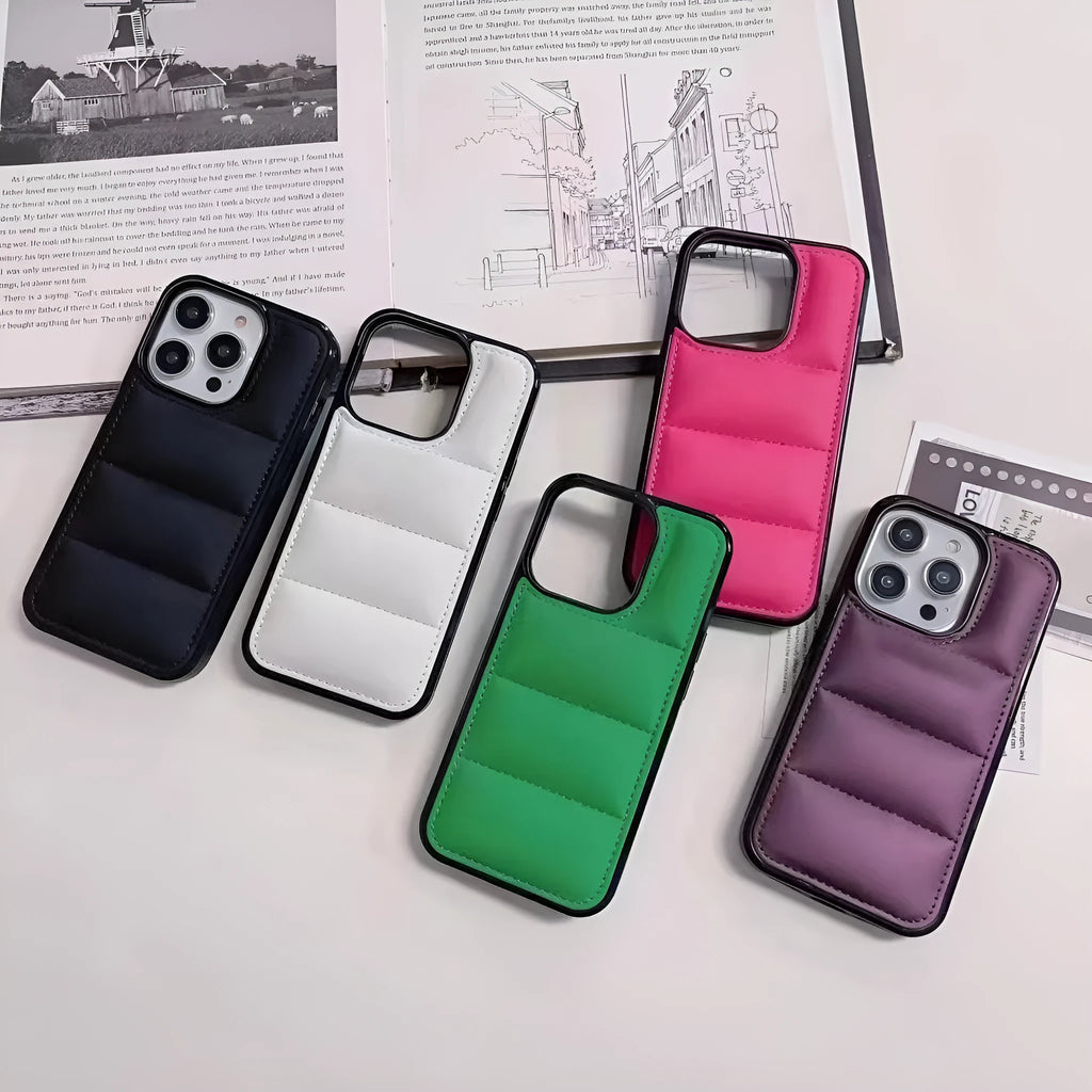 Candy down jacket phone case for iPhone 17 in black showing padded design and cut-outs