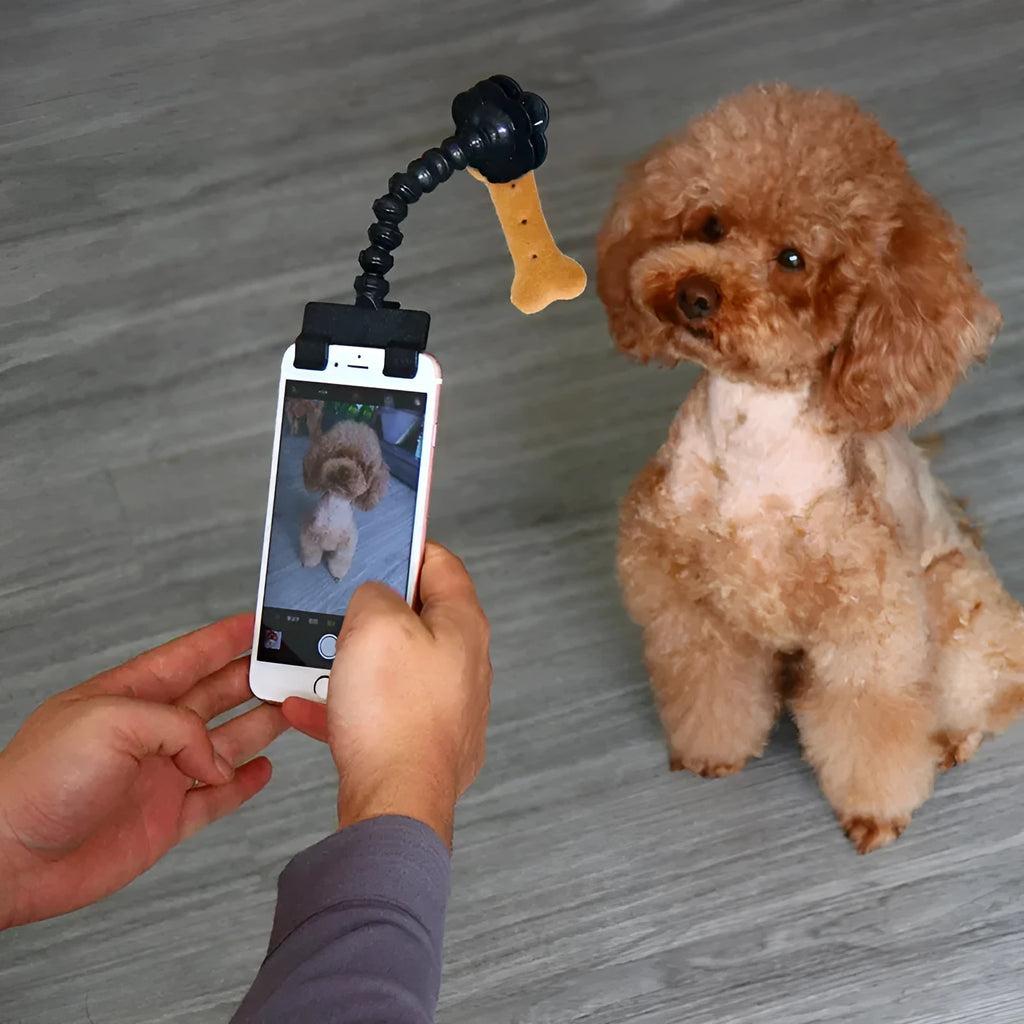 Black pet photography clip holder with rotating attachment for mobile phones and pet treats