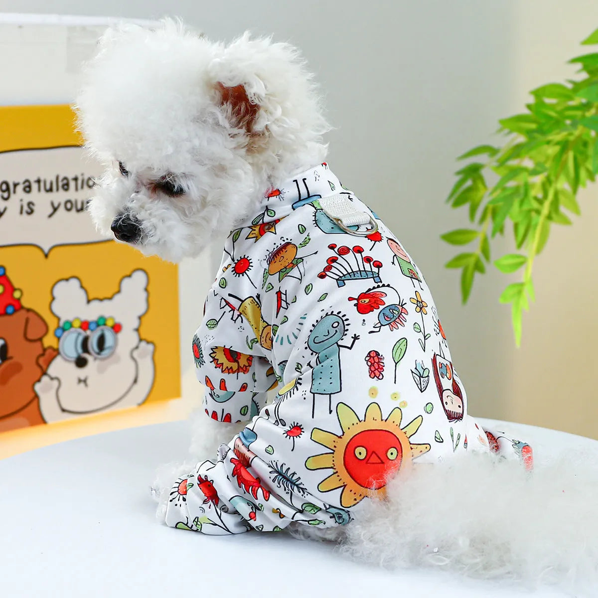 Belly-wrap four-legged pet outfit in polyester with size options XS to XL for dogs and cats