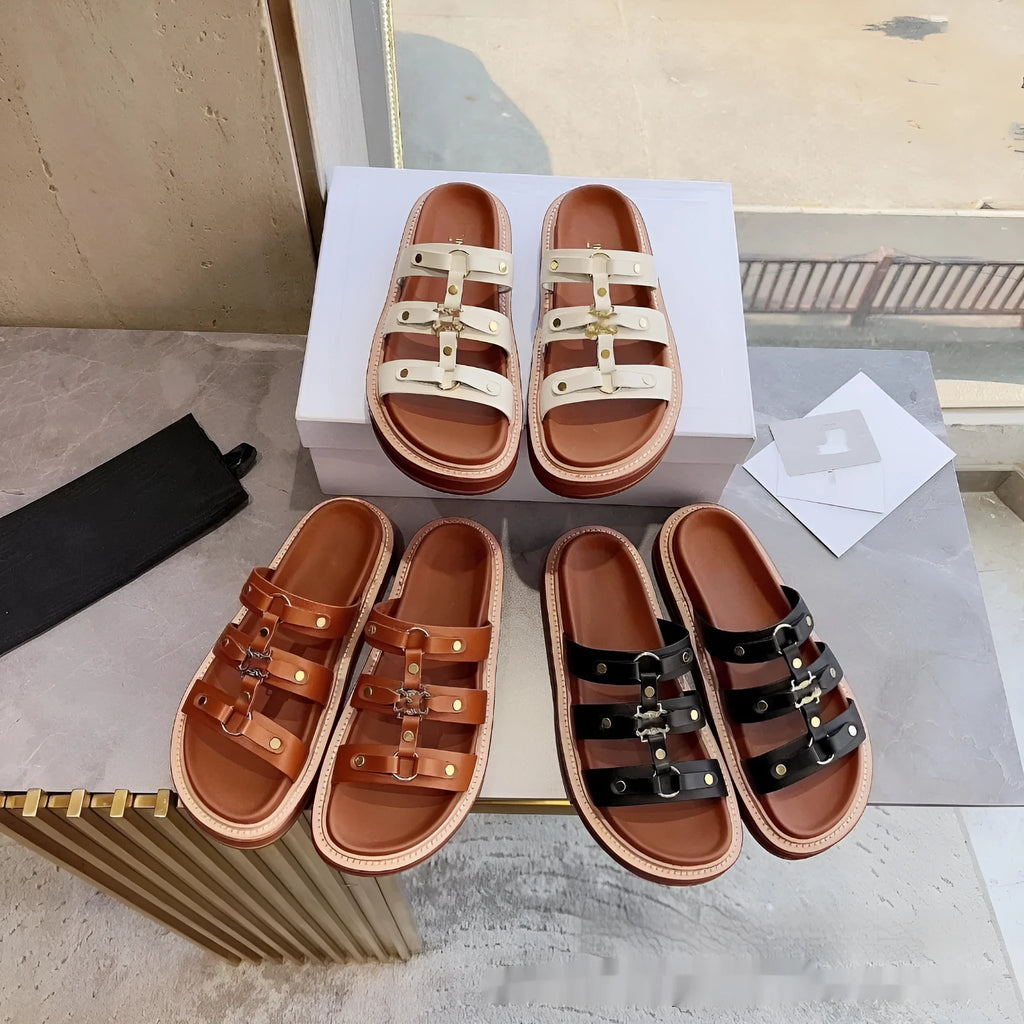 Women's Roman style sandal slippers in sheepskin with patent leather finish showing adjustable strap design