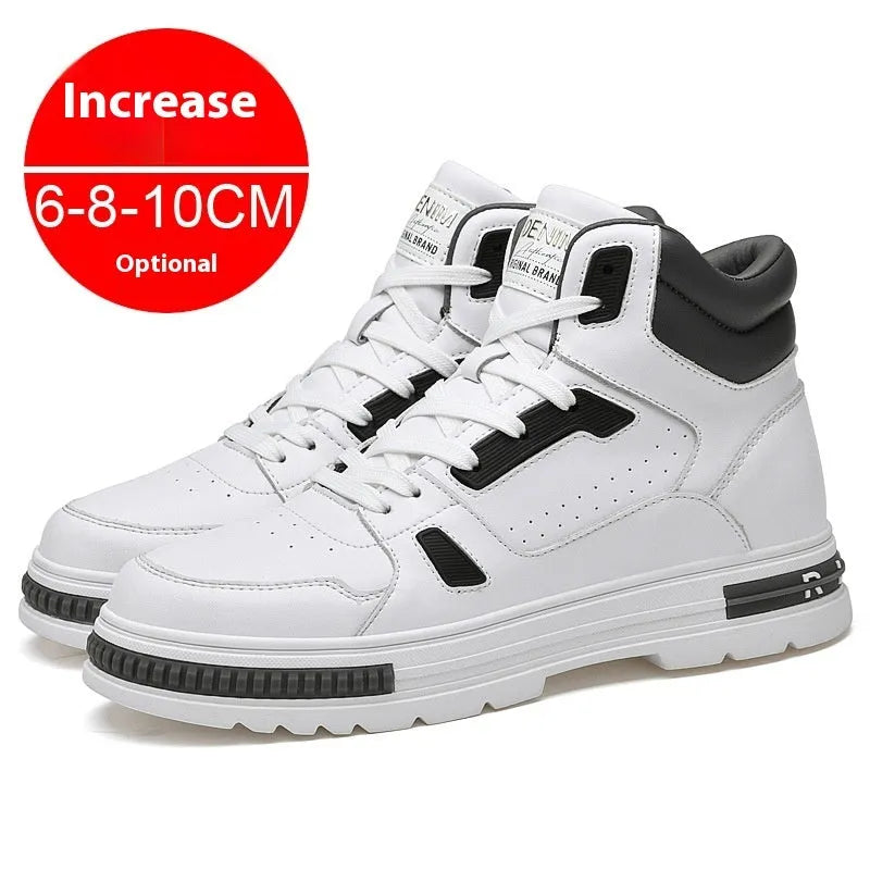 Men's mid-top Martin boots with height increasing insole, two-layer cowhide upper, black and white options