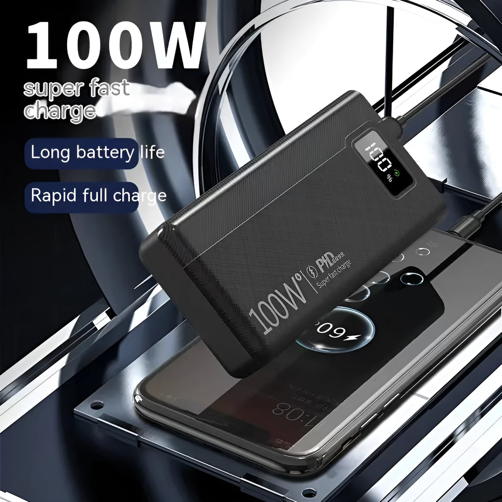 Black and white high capacity power bank showing front view with dimensions