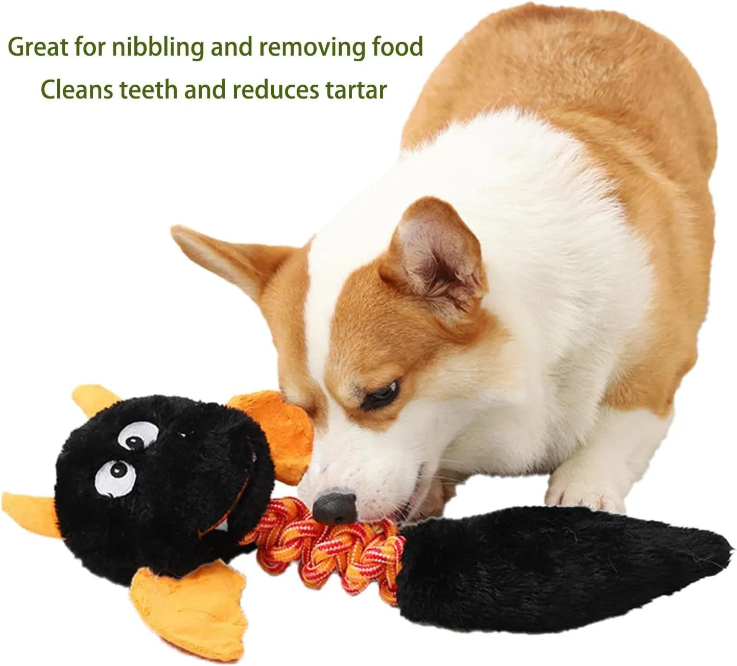 Soft plush dog toy with cartoon design in black, green, or red, showing size scale.