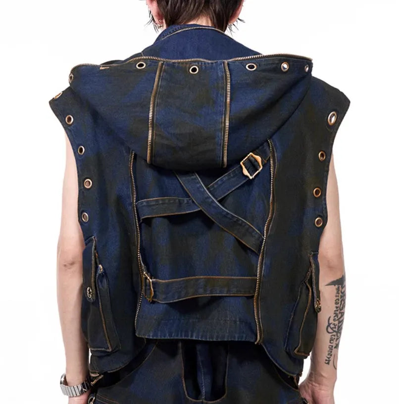 Blue hooded denim vest and matching trousers co-ord set with zip front closure