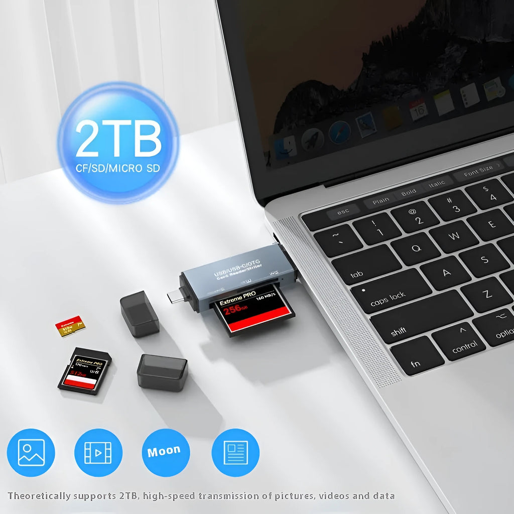 Compact aluminium alloy USB card reader for CF, SD, and TF memory cards on a desk.