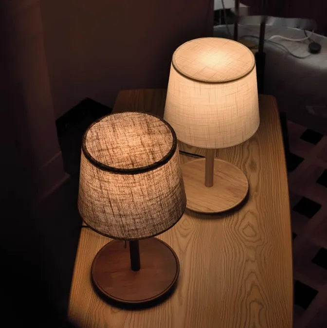 Walnut solid wood bedside table lamp with fabric shade and cable switch