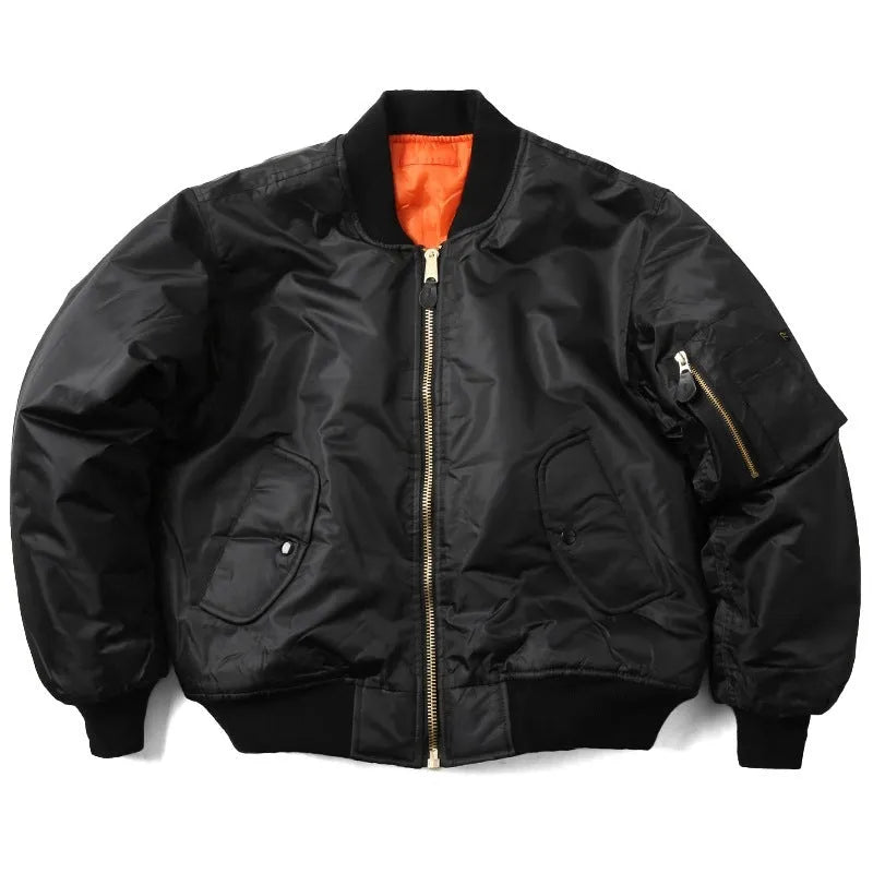 Men's loose fit army green cotton-padded pilot jacket on a hanger.