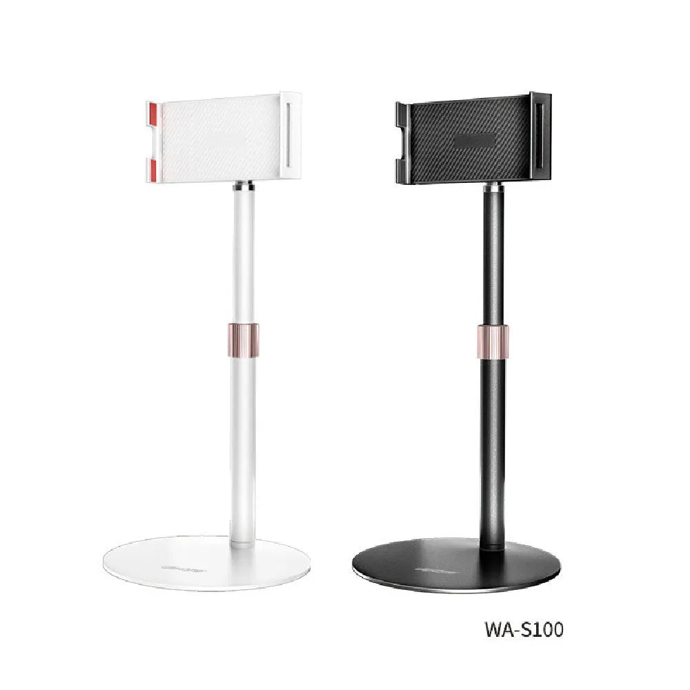Black adjustable metal tablet mounting bracket with a telescopic arm extended, holding an 11-inch tablet.