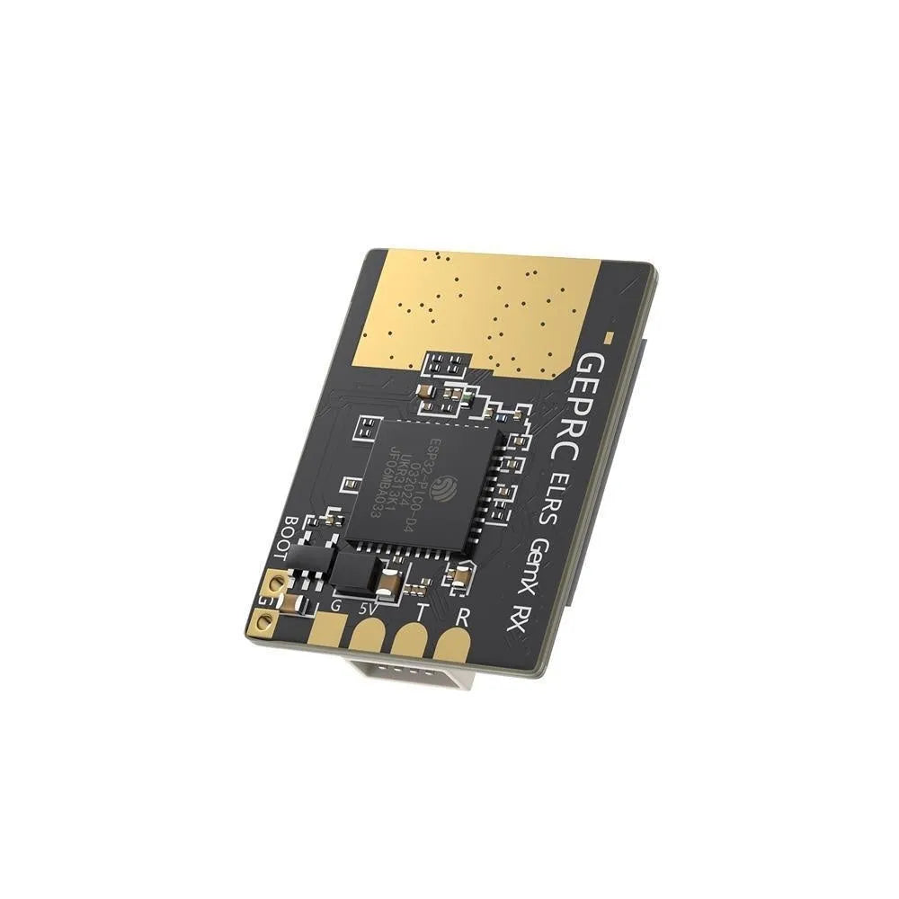ELRS dual-frequency Gemini receiver with metal case and two T-shaped antennas.