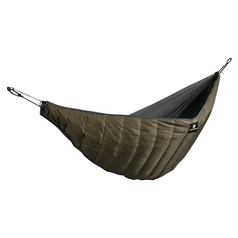Army green camping hammock with sleeping bag measuring 238cm by 130cm, showing compression bag and fixed clips