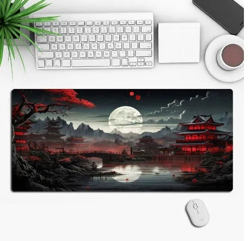 Custom anime graphic gaming mouse pad with non-slip rubber base on a wooden desk.
