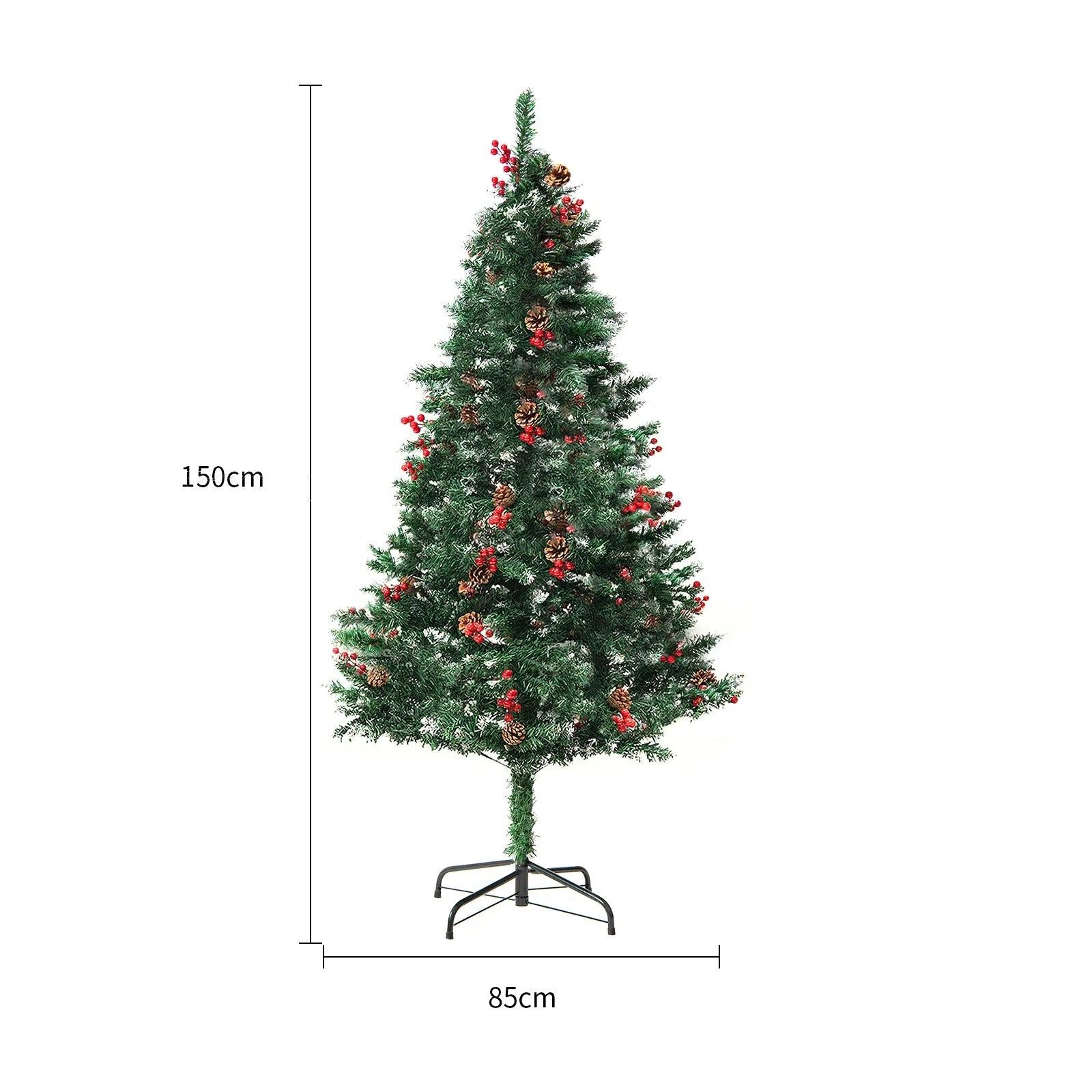 PVC artificial snow Christmas tree with green and white branches and metal stand, height 180cm
