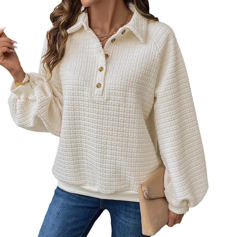 Women's milky white beige polo collar sweater with long sleeves, made from thickened polyester.