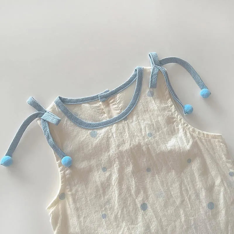 Girls polka dot lyocell vest and shorts two-piece set in blue and green, sizes 80cm to 120cm