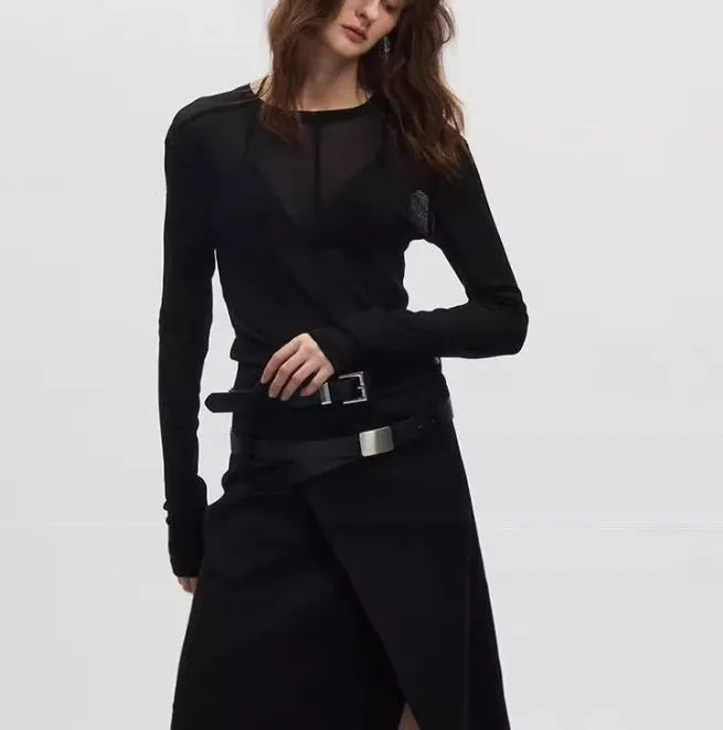 Black mesh see-through texture slim-fit women's pullover with long sleeves