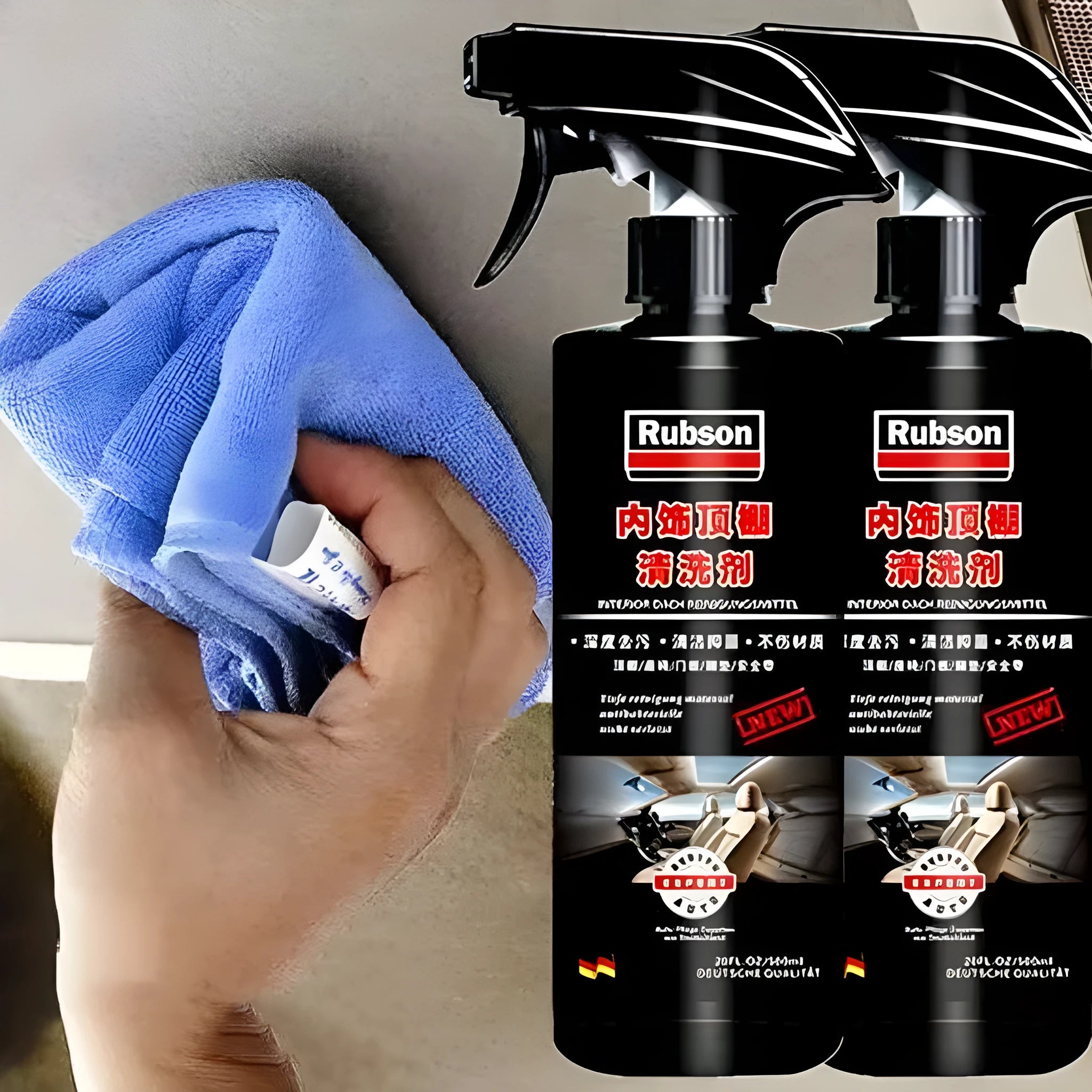 Fabric roof foam decontamination cleaner bottle with towel and sponge wipes for interior car ceilings