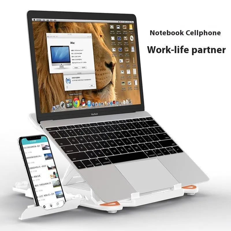 Black ABS plastic laptop cooling bracket stand on a wooden desk