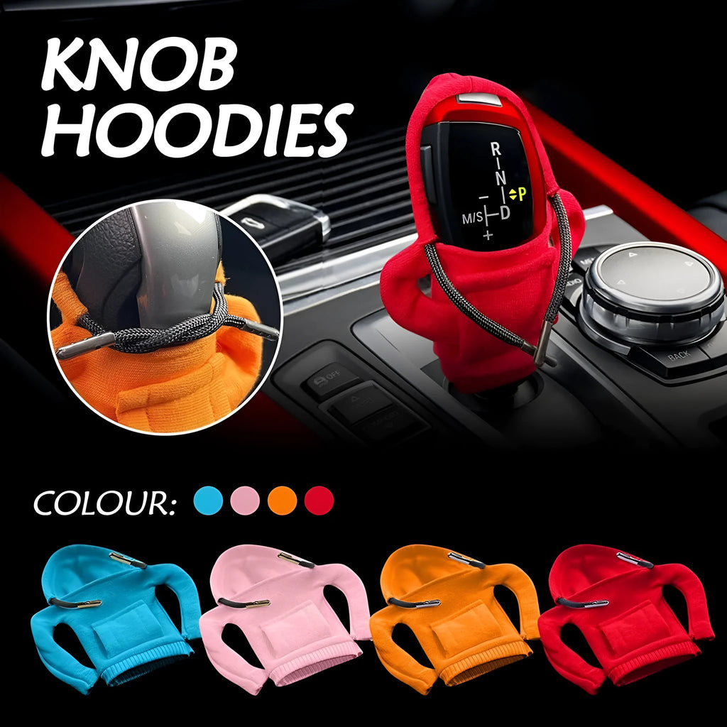 Gear shift knob hoodie cover in cloth material with sewing construction, shown in various colours
