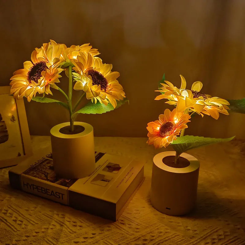 USB rechargeable artificial sunflower LED night light on table with decorative flower design