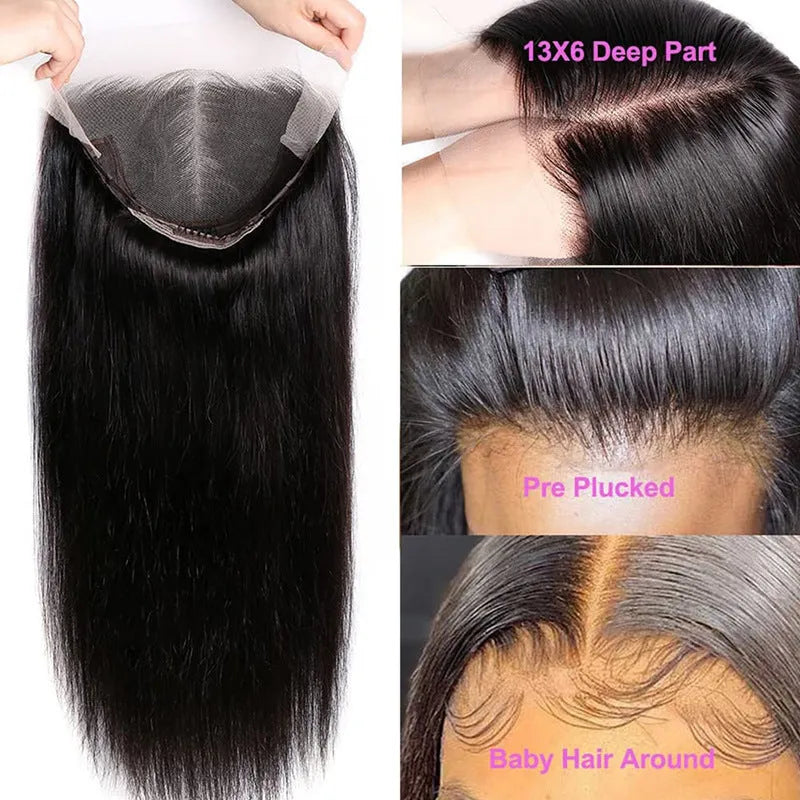 Straight black human hair wig with 13x6 Swiss lace front, shown in a long length
