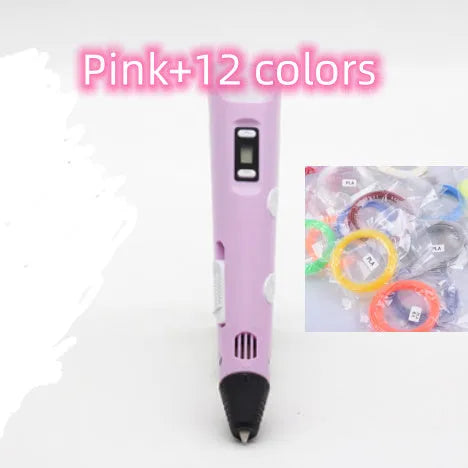 Yellow 3D printing pen with PLA filament spool on a white surface, showing nozzle and controls
