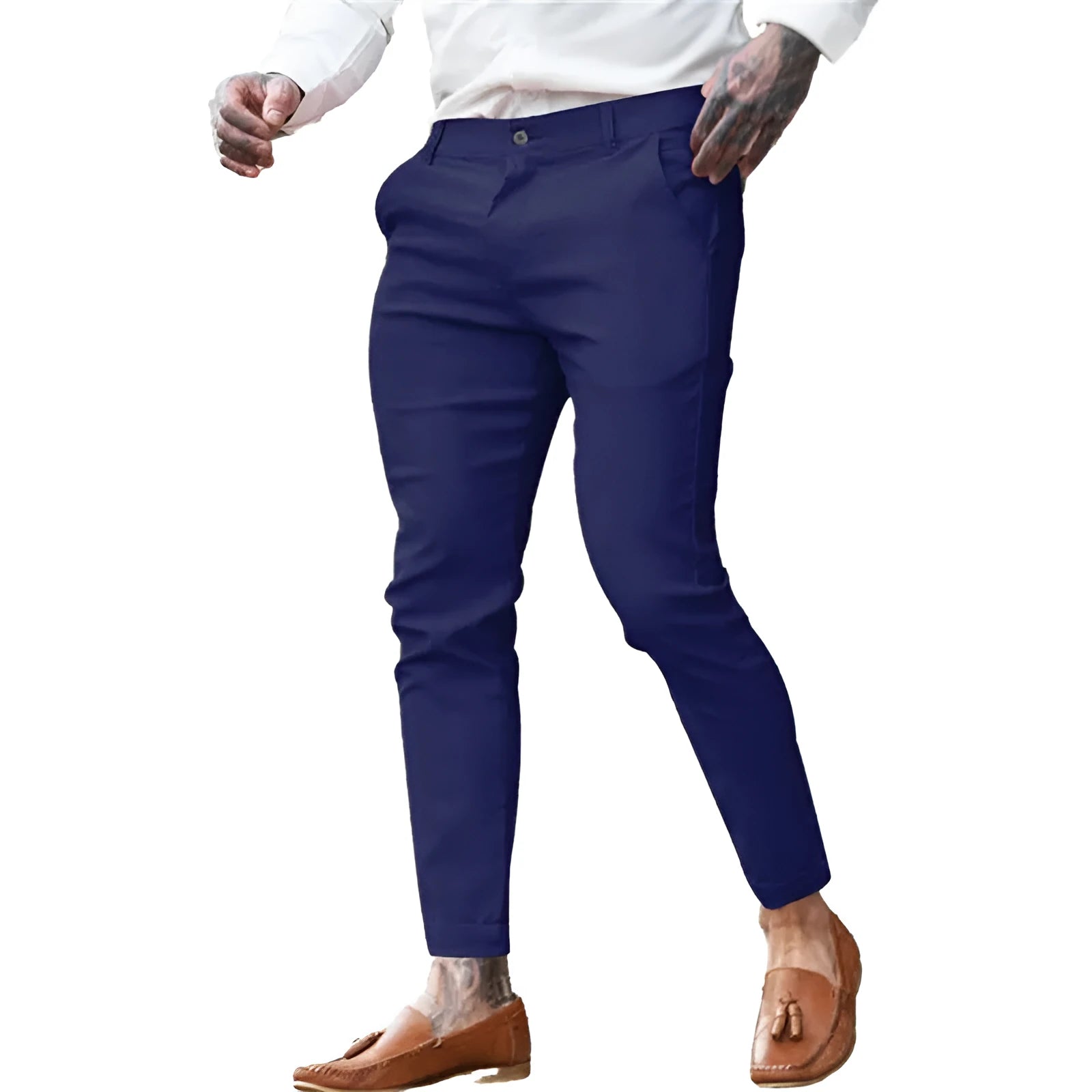 Men's slim fit pencil trousers in stretch cotton twill available in multiple colours