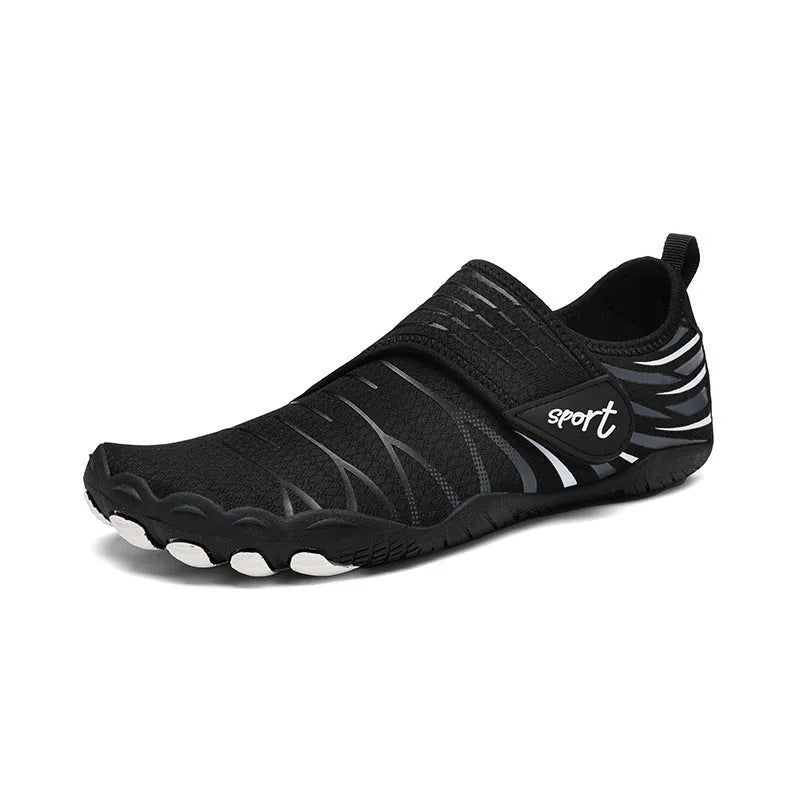 Pair of men and women outdoor wading shoes with mesh upper and rubber sole in black