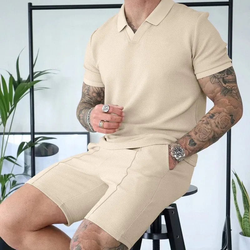 Men's two-piece lapel polo suit set in polyester fibre with top and pants, available in five colours