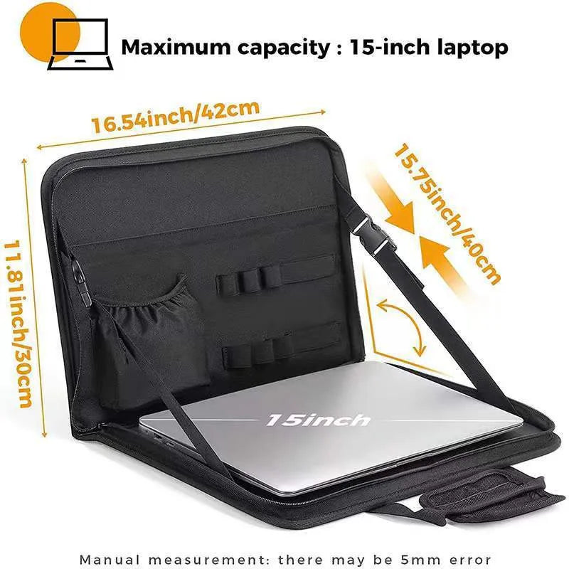 Black Oxford cloth car computer bag with sewing thread details, open showing multifunctional storage and drawing board