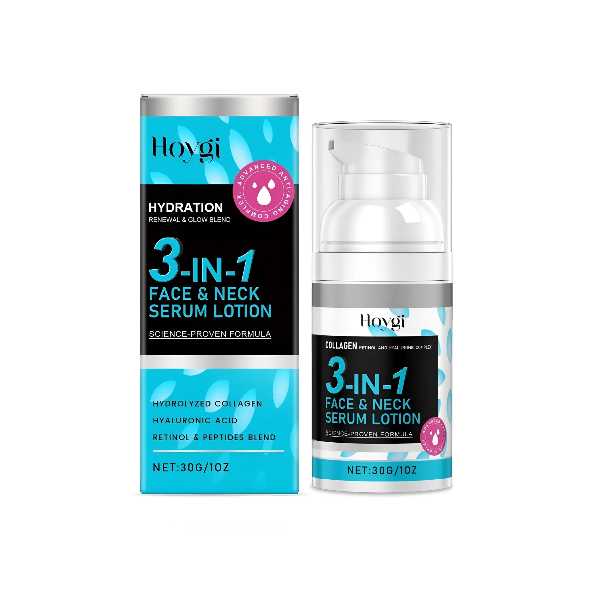 30g tube of 3-in-1 Face and Neck Serum Lotion with hyaluronic acid and retinol.