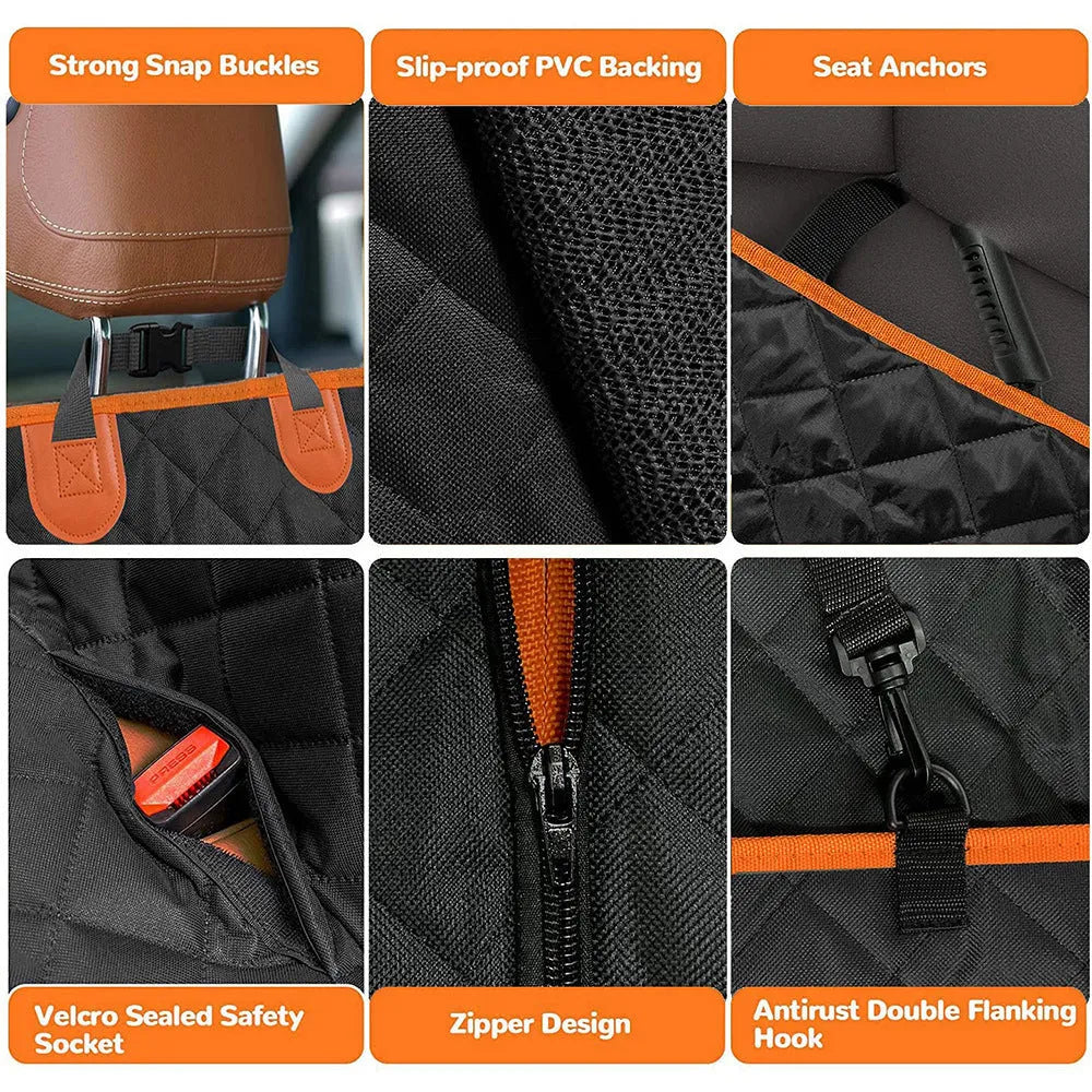 Black dog car seat cover with orange edge, shown as a hammock and flat protector on a car rear seat.