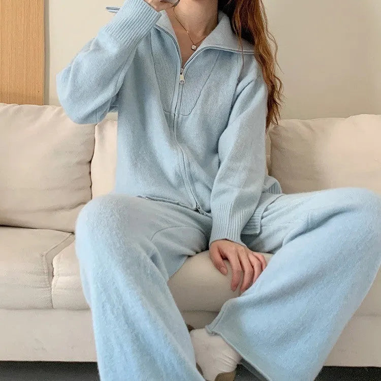 Knitted zipper cardigan and wide-leg pants two-piece set in solid colour on a model.