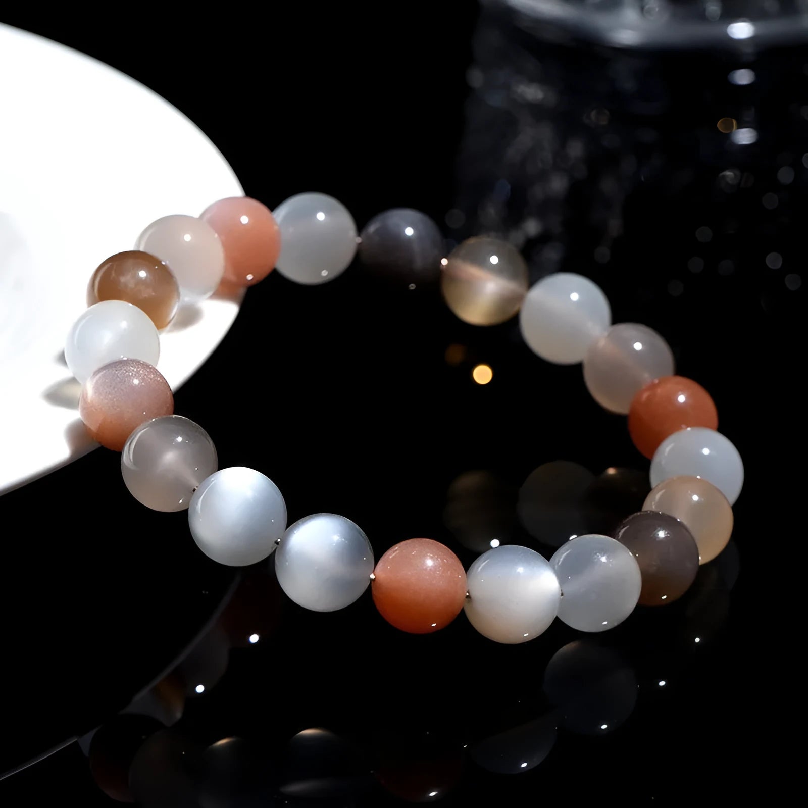 Natural colourful moonlight moonstone bracelet with 8mm single circle beads.