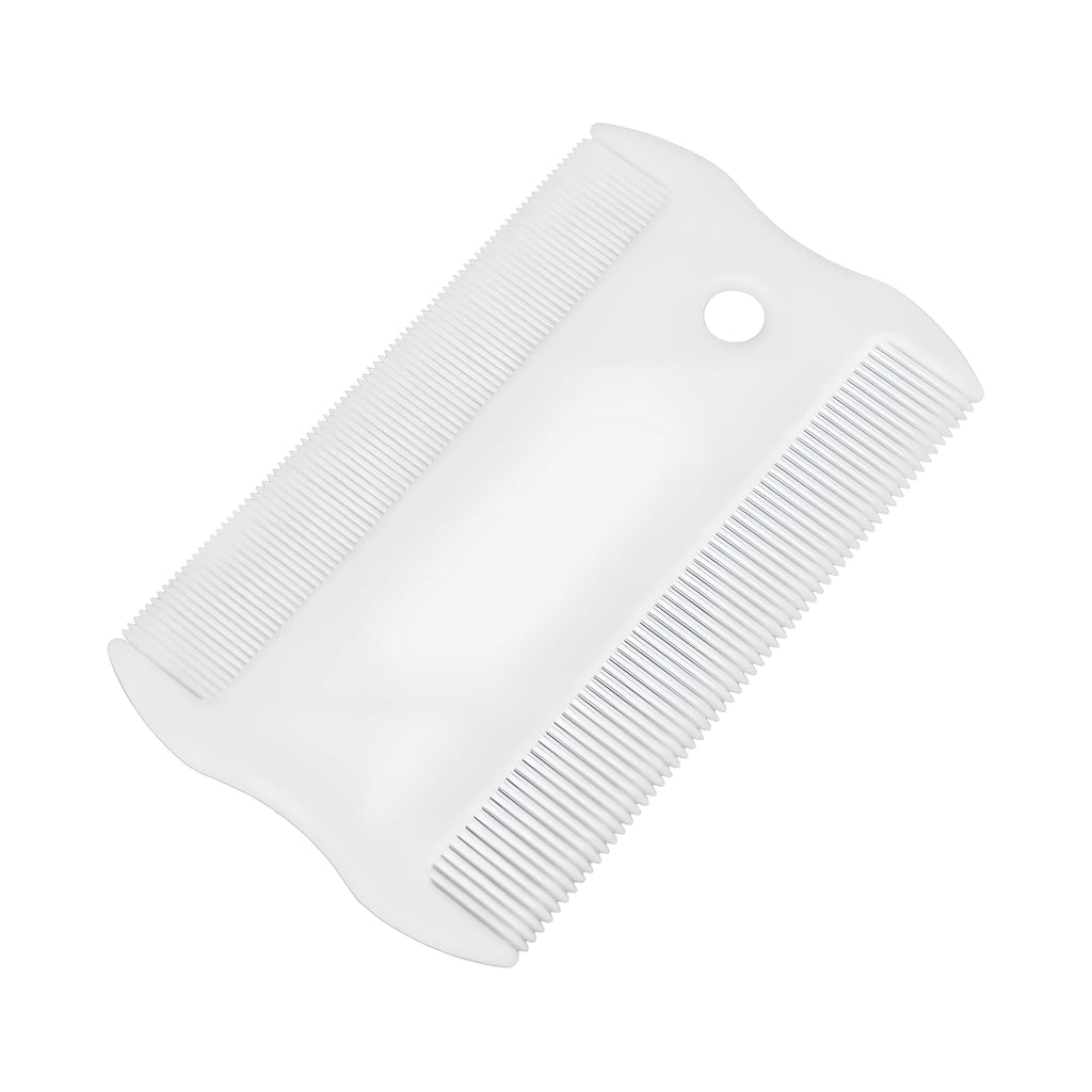 Double-sided dense tooth plastic flea comb for pets, shown with dimensions of 0.85 by 5 centimetres.