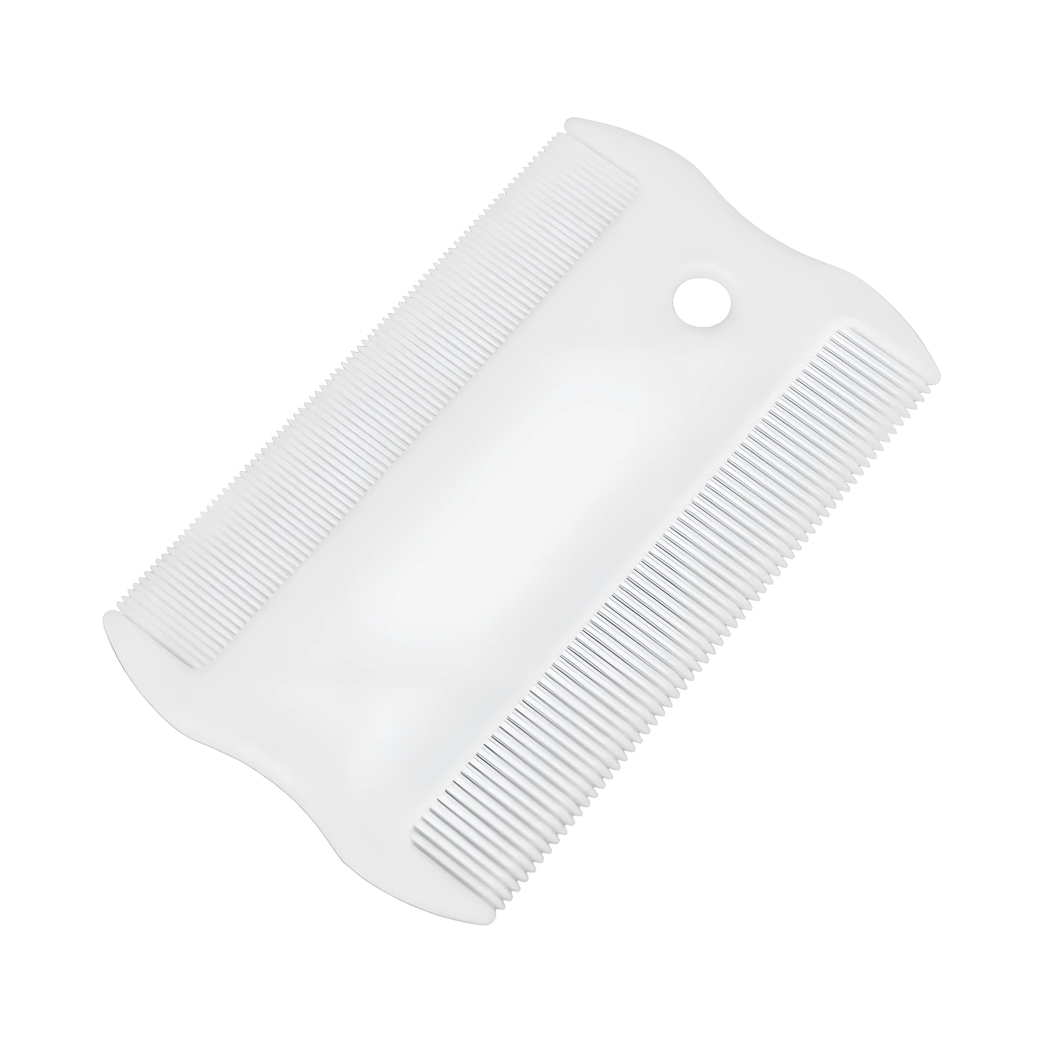 Double-sided dense tooth plastic flea comb for pets, shown with dimensions of 0.85 by 5 centimetres.