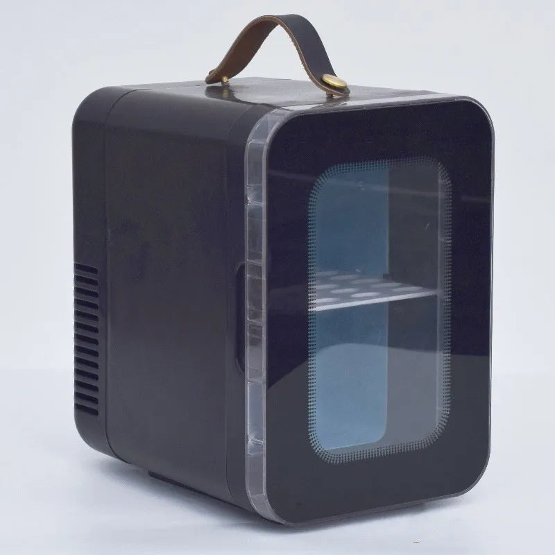 Pink mini refrigerator with transparent door showing 6L capacity for hot and cold dual-use in car and home