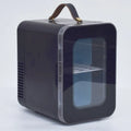 Pink mini refrigerator with transparent door showing 6L capacity for hot and cold dual-use in car and home