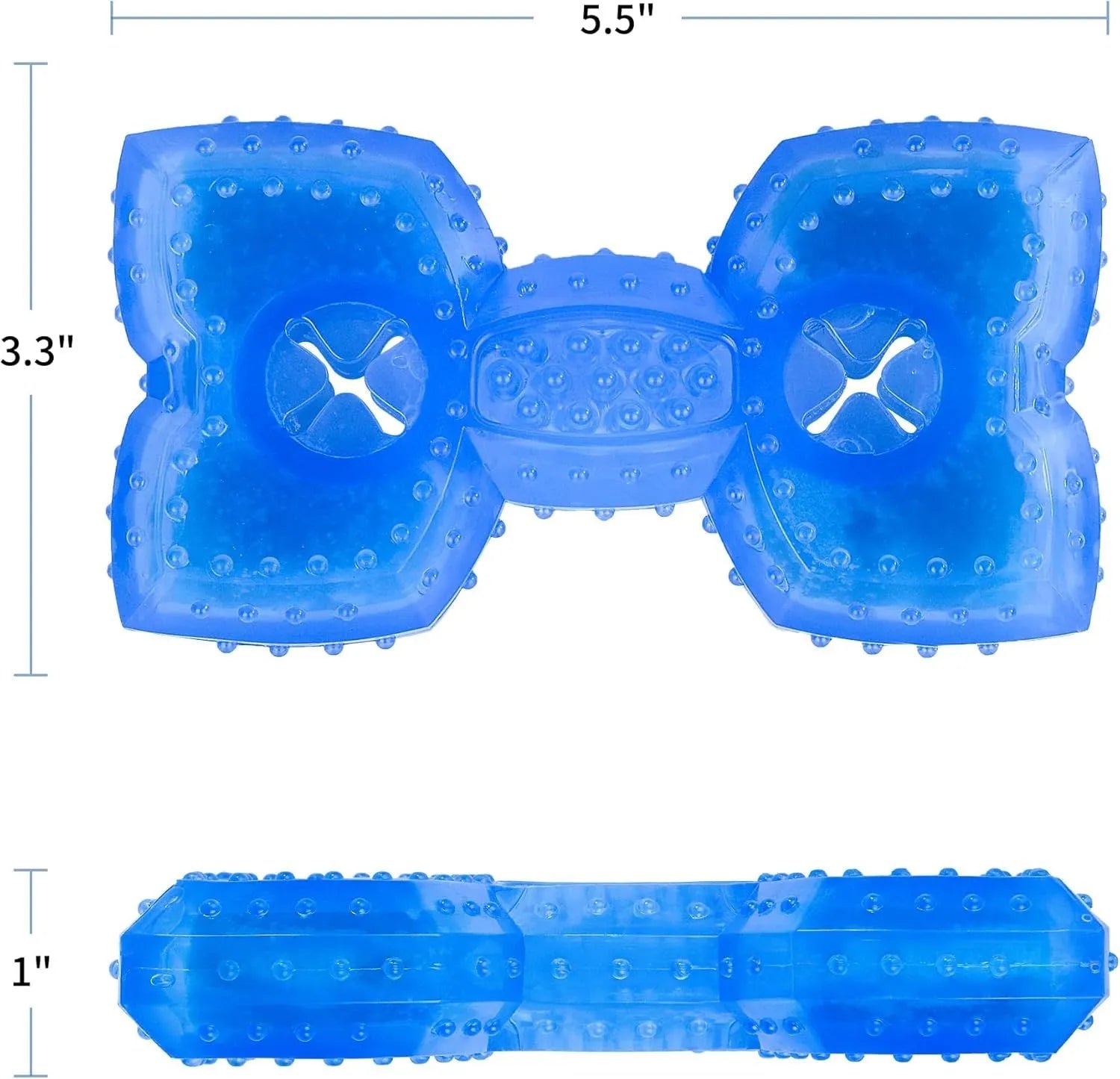 A freezable bone or circle-shaped dog chew toy, shown with treats, designed for cooling and teething relief.