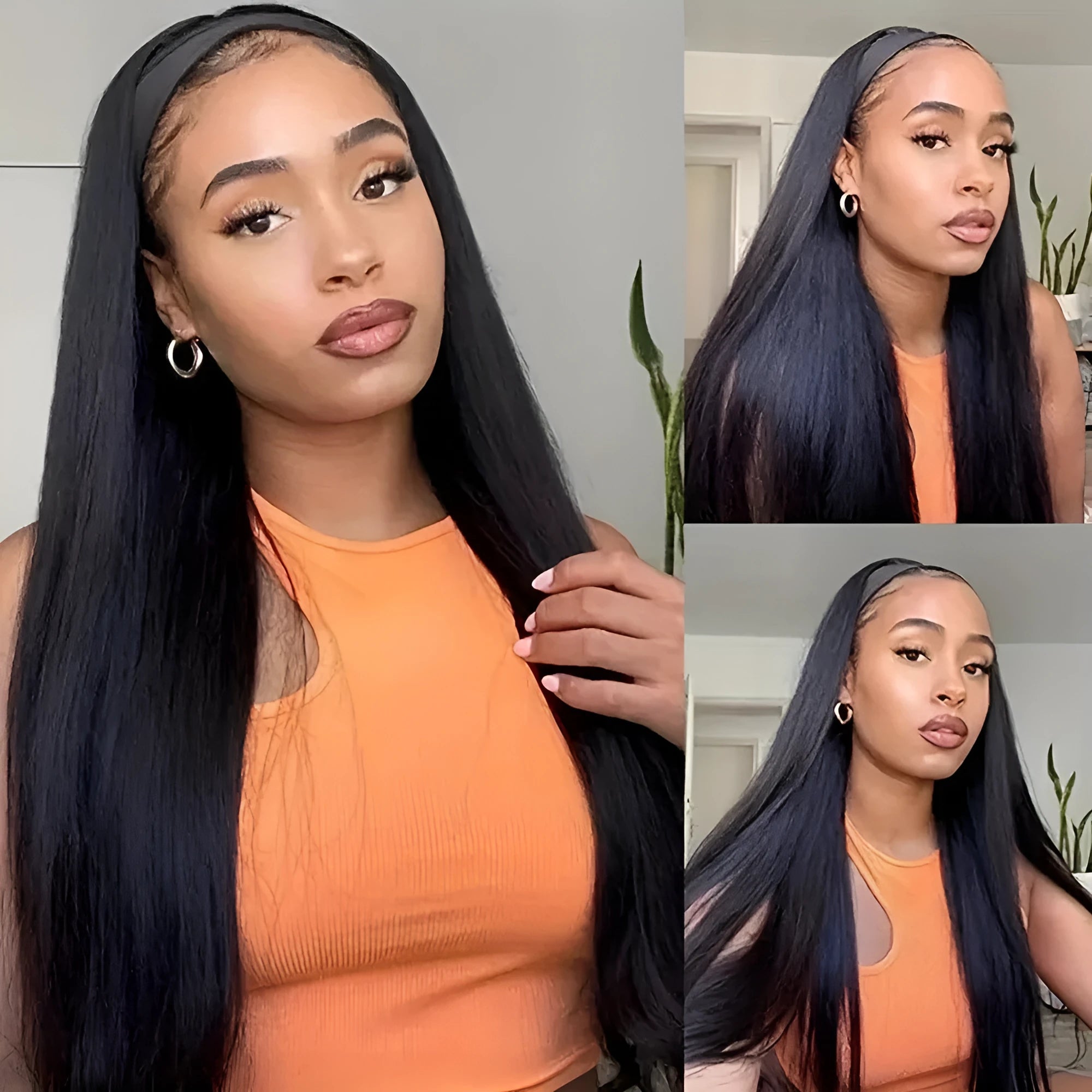 Headband wig in black straight, black curly, and wine red high temperature fibre options