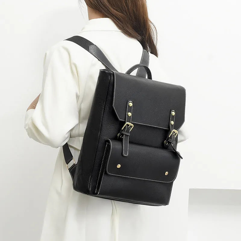 Korean retro style simple backpack in soft PU material shown in brown colour.