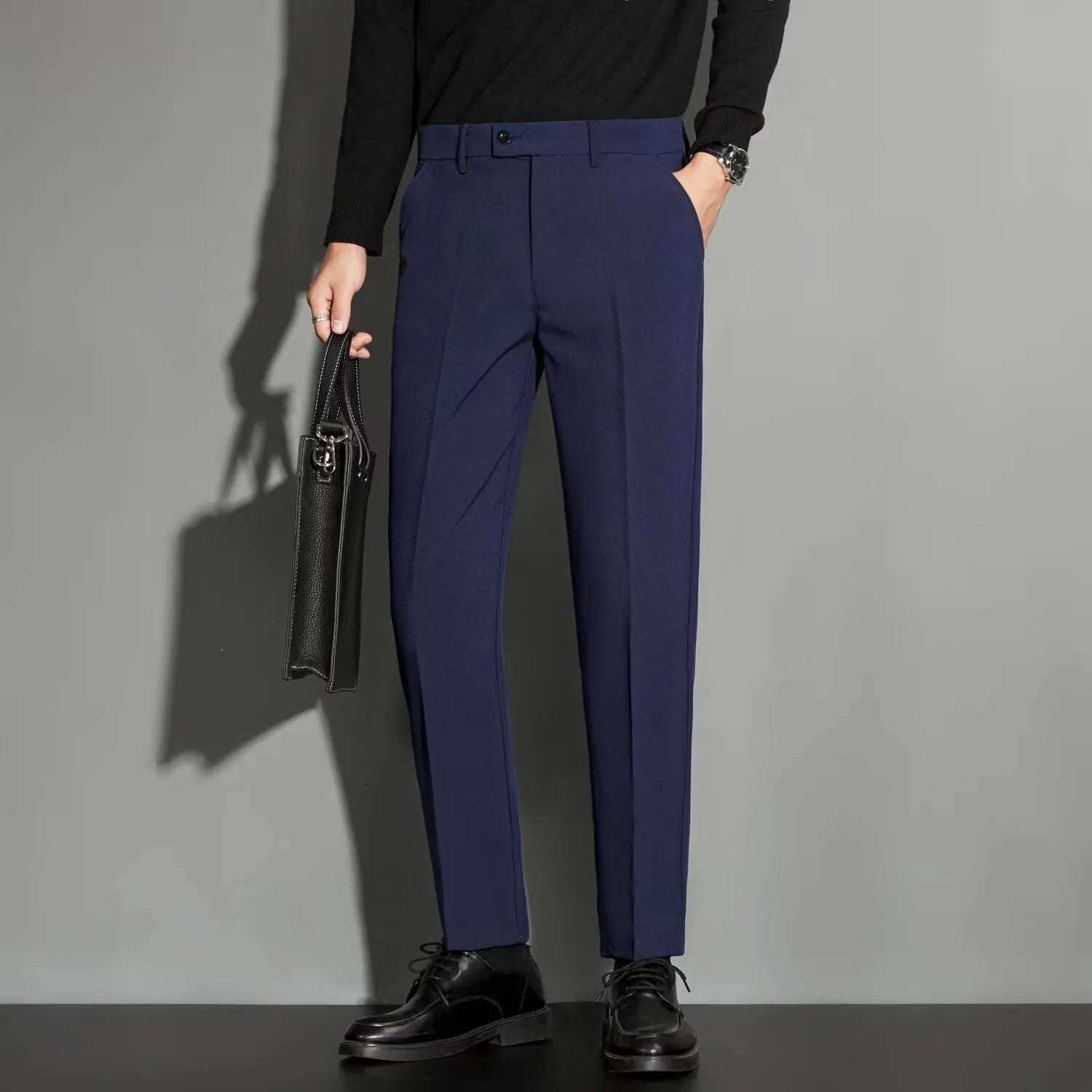 Men's straight-leg suit trousers in chemical fibre blend fabric with spring draping effect